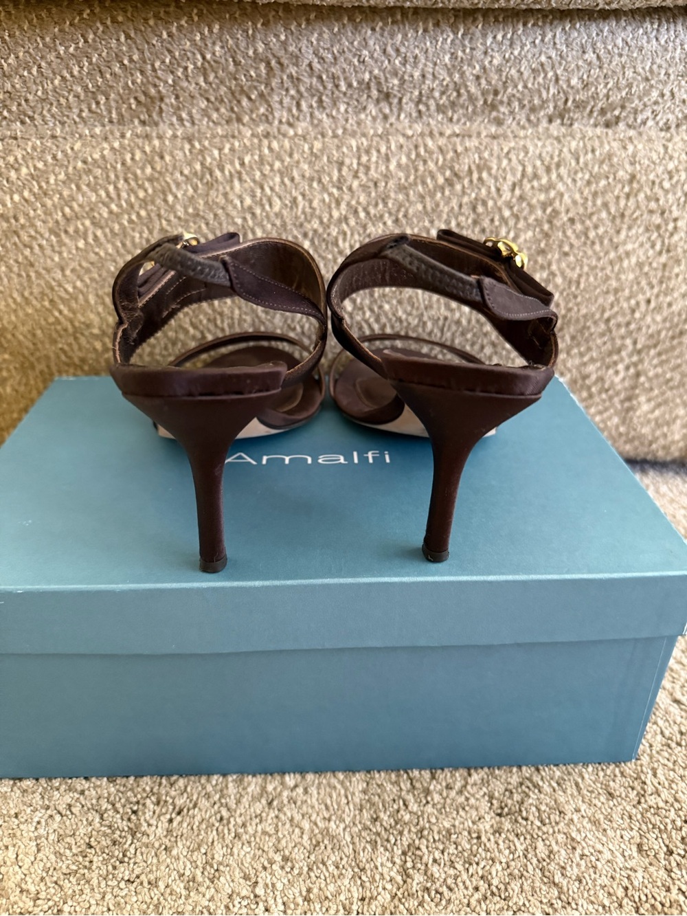 Amalfi Chocolate Brown Satin Open-Toe Heels with Gold Buckles - Picture 3 of 5
